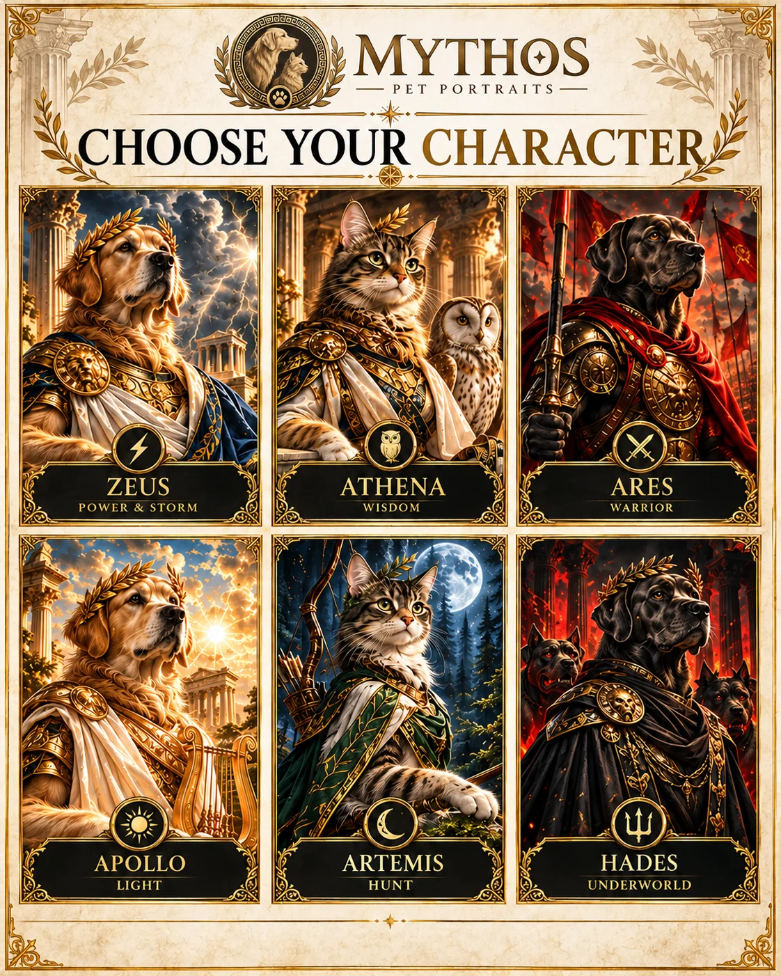 Choose between Zeus, Athena, Ares, Apollo, Artemis and Hades